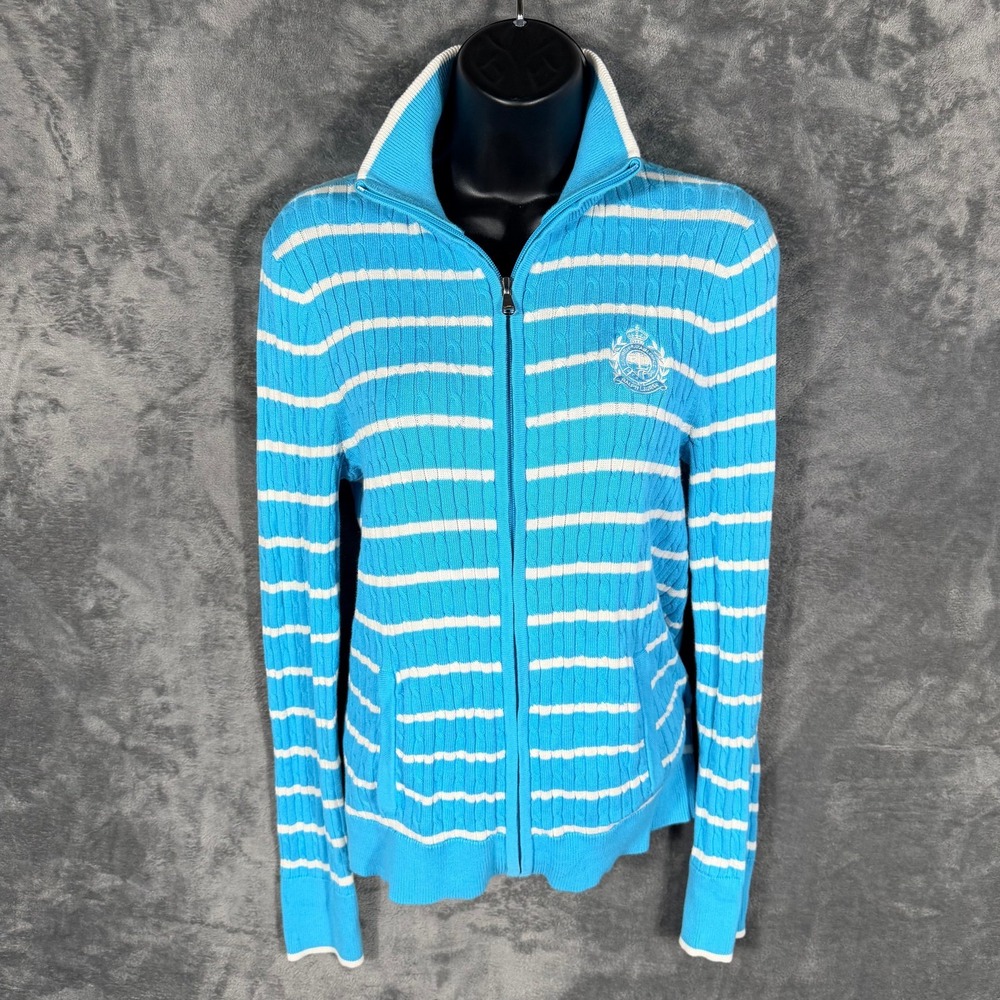 Lauren Ralph Lauren Womens Full Zip Sweater‎ Size M Turquoise White Striped